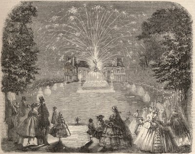 Feuerwerk und Beleuchtung des Schlosses Maison Laffitte am Abend des Wettbewerbs des Landwirtschaftsausschusses. Gravur in „Le Monde illustré“ von 1857. Private Sammlung. von Unknown artist