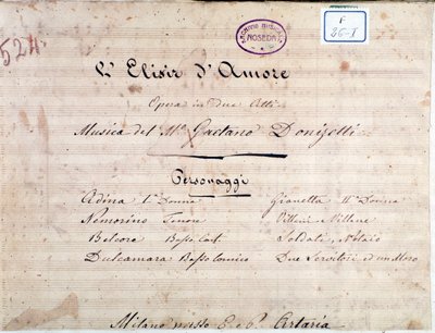 Erste Seite der Noten für Der Liebestrank, Oper von Gaetano Donizetti von Unknown artist