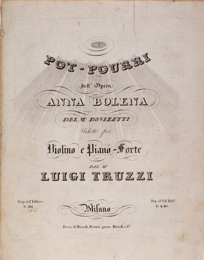 Erste Seite der Noten eines Potpourris von Anna Bolena, Oper von Gaetano Donizetti von Unknown artist