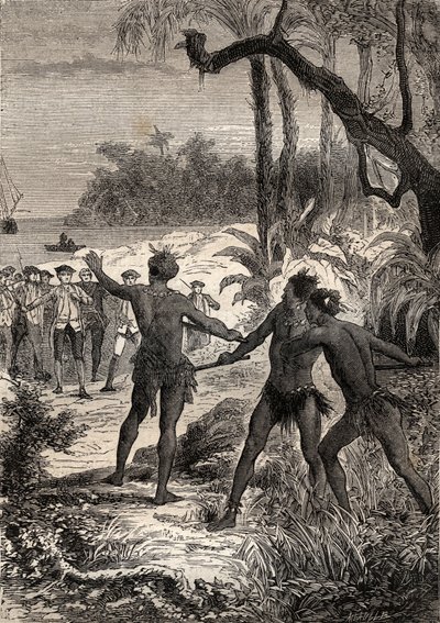 Erste Reise (1768-1771) von Kapitän James Cook (1728-1779): während Cook und zehn Matrosen an der Südküste von Neuguinea segeln, tauchen drei Indianer mit großem Geschrei aus dem Wald auf - Illustration aus „Die großen Seefahrer des 18. Jahrhunderts“ von Unknown artist