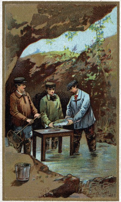 Fischzucht: Künstliche Laichablage. Chromolithografie aus dem späten 19. Jahrhundert von Unknown artist