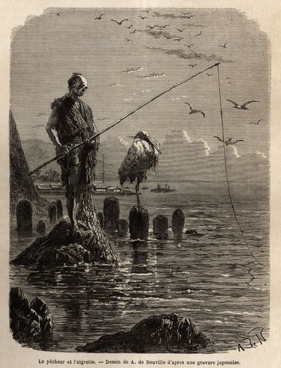 Fischer der Yedo-Bucht (oder Edo, dem heutigen Tokio), von einem Adler ergriffen, bei Ebbe, die Boote legen die Fischer auf trockene Steine in der Bucht, diese bleiben aufrecht, bewegungslos und fischen mit dem Haken die Fische, die sie in eine lange von Unknown artist