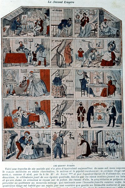 Fünf Stockwerke, die die verschiedenen sozialen Klassen unter dem zweiten Kaiserreich zeigen. Illustration dargestellt als Querschnitt eines Pariser Gebäudes. von Unknown artist