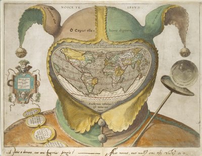 Narrenmützen-Weltkarte, ca. 1590 (handkolorierte Gravur auf cremefarbenem Papier, mit Inschriften in Eisengallustinte) von Unknown artist