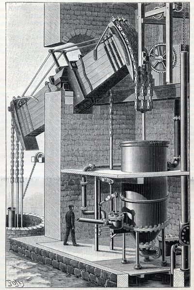 Ehemalige Dampfmaschine von Thomas Newcomen, derzeit in der Nähe von Bristol in England in Betrieb. Gravur in „La Nature“ von Unknown artist