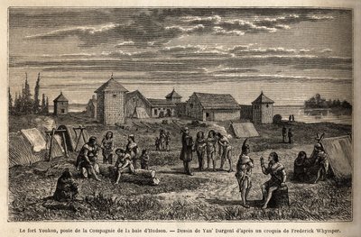 Fort Youkon im Golf von Norton, Alaska, gegründet 1847, ein Standort der Hudson Bay Company, Indianer lagern um die Palisaden. Illustration der Reise und Abenteuer in British Columbia, Vancouver Island und Alaska, von Frederick von Unknown artist
