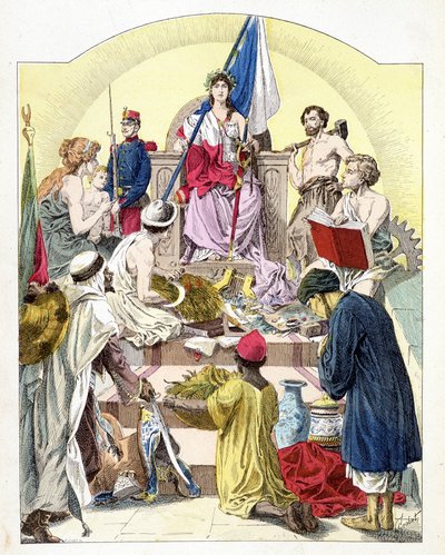 Frankreich, unter den Zügen von Marianne, umgeben von seinen personifizierten Kolonien (in „Geschichte Frankreichs“ von E. Grobet, ca. 1915) von Unknown artist