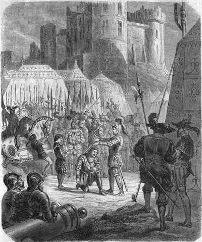 Franz I. von Frankreich bittet den Chevalier Bayard, ihn nach dem Sieg in der Schlacht von Marignano, Italien, zum Ritter zu schlagen von Unknown artist