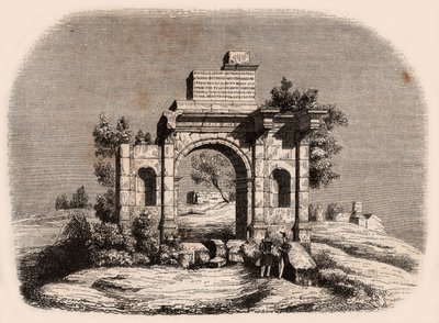 Vorderansicht des römischen Bogens von Djemilah in Algerien: zwei französische Soldaten posieren vor den Ruinen von Unknown