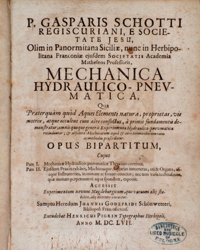 Frontispiz von Mechanica Hydraulico Pneumatica von Gaspar Schott von Unknown artist
