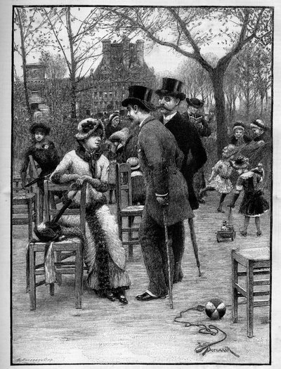 Galantes Gespräch zwischen zwei Männern und einer jungen Frau, alle sehr elegant, im Tuileriengarten in Paris im Sommer. In „Le Monde Illustré“ von Unknown artist