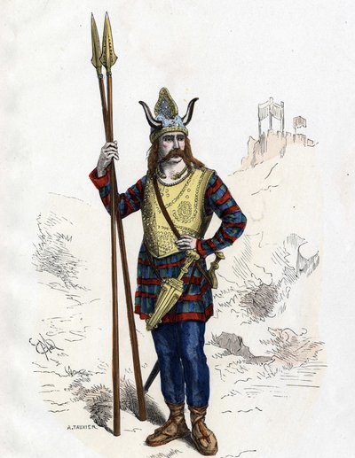 Gallischer Anführer vor der römischen Eroberung - in „Die zivilen und militärischen Kostüme der Franzosen durch die Jahrhunderte Paris F. Roy 1882“ von Unknown artist