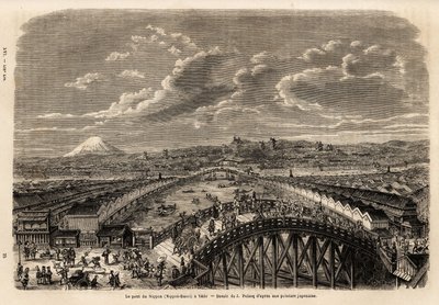 Gesamtansicht von Yedo (oder Edo, heutiges Tokio) von der Nippon Bassi (die Brücke von Nippon), lebhafte Animation von Passanten und Trägern auf der Brücke, zwischen den Händlergassen, Blick auf die Geschäfte und im Hintergrund, Blick auf den Berg Fuji. Gr von Unknown artist