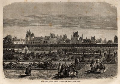 Gesamtansicht des Palastes und der Gärten von Fontainebleau, vom Boden aus gesehen. Illustration einer Beschreibung des Schlosses und Waldes von Fontainebleau, 1867, von M. Pays, in "Le tour du monde, nouveau journal des voyages" von Unknown artist