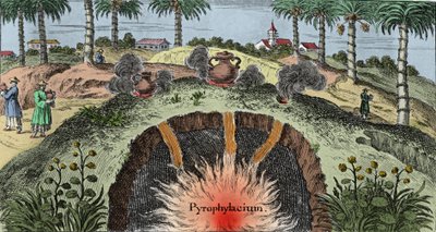 Geologie: Schnitt durch die Erdkruste, der den Austritt von Feuer aus der Erde erklärt. Gravur aus „Mundi Mirabilis Oeconomia“ von Johann Zahn (1631-1707) von Unknown artist