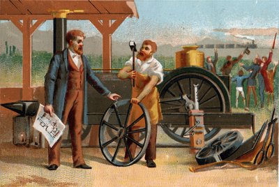George Stephenson (1781-1848) dargestellt mit einer seiner Erfindungen: der Lokomotive. Späte Chromolithografie des 19. Jahrhunderts von Unknown artist