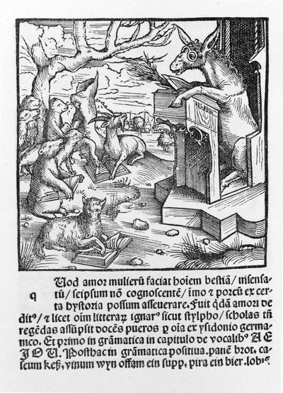Deutscher Inkunabel, der einen Esel zeigt, der einer Klasse von Waldtieren Unterricht gibt. 1490. von Unknown artist