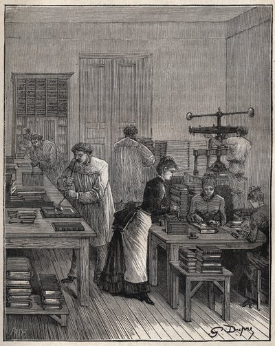 Vergoldung von Büchern (Einbänden) in Eisen in einer Werkstatt in Frankreich im 19. Jahrhundert. Gravur von 1885 in „Les arts et metiers illustres“ von Adolphe BITARD von Unknown artist