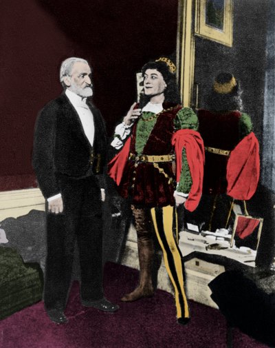 Giuseppe Verdi und Victor Maurel (als Iago) im Februar 1887 an der Scala in Mailand nach der Premiere von Otello von Unknown artist