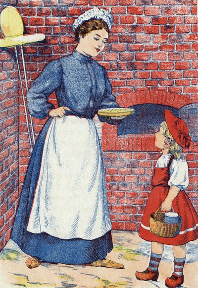 Geh, bring diesen Kuchen und diesen Topf Butter zu deiner Großmutter. Anonyme Illustration für „Rotkäppchen“, Märchen von Charles Perrault (1628-1703), französischer Schriftsteller. Bildmaterial Marcel Vagne, Jarville Nancy, undatiert (spätes 19. Jahrhunde von Unknown artist