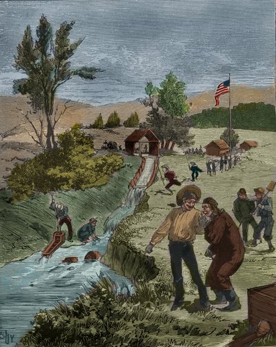 Goldrausch: Goldsucher in Kalifornien waschen Kies in einem Bach mit einem Sieb, Einrichtung von Kapitän Sutter. Gravur von 1885 in „Les arts et métiers illustrés“ von Adolphe Bitard. von Unknown artist