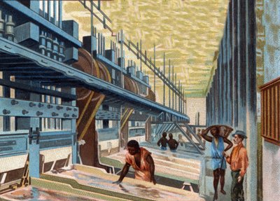 Goldabbau. Das Erz wird im Mörser gewaschen und dann über Kupferplatten geleitet, um das Gold von den anderen Materialien zu trennen. Chromolithographie aus dem späten 19. Jahrhundert. von Unknown artist