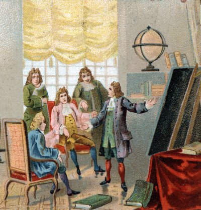 Gottfried Wilhelm Leibniz (1646-1716), deutscher Philosoph und Mathematiker; demonstriert seine Theorien zur Differentialrechnung. Chromolithographie, späte 19. Jahrhundert. von Unknown artist