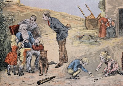 Großvater erklärt den Kindern den Katechismus. In „Großes Album in Farbe zur Erklärung des Katechismus“ von Abbé Maucherde von Unknown artist