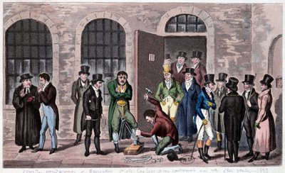 Gefängnis von Großbritannien: Ein Todesurteil ist am Newgate-Gefängnis in London angebracht (oft in den Romanen von Charles Dickens erwähnt). Gravur um 1823. Bibliothek der dekorativen Künste von Unknown artist