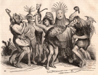 Gruppe brasilianischer Wilder tanzt mit Kostümen, Masken und traditionellen Kopfbedeckungen von Unknown