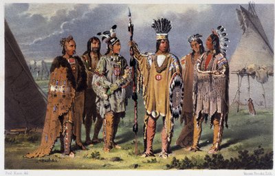 Gruppe von sechs Indianerhäuptlingen - in "Wanderungen eines Künstlers unter den Indianern Nordamerikas" von Paul Kane, Longmans & Roberts, London von Unknown artist