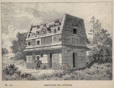 Habitation des Asteques (Azteques) - Gravur von 1889 in „Histoire de habitation humaine“ auf der Weltausstellung von 1889, von Mr. Charles Garnier - Librairie centrale des beaux-arts Paris 1889 von Unknown artist