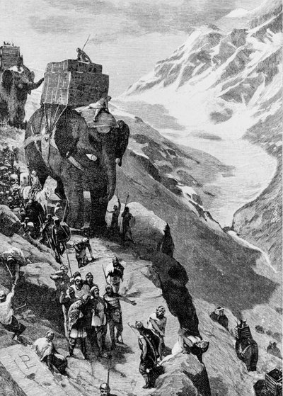 Hannibal überquert die Alpen mit Elefanten, um nach Italien zu gelangen (Zweiter Punischer Krieg). Gravur aus dem 19. Jahrhundert von Unknown artist
