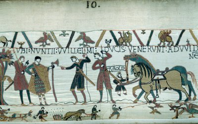 Harold, der kam, um dem Herzog der Normandie Wilhelm dem Eroberer (1027-1087) mitzuteilen, dass er nach dem Tod von Eduard dem Bekenner der Nachfolger der englischen Krone sein würde, wurde von Graf Guy de Ponthieu gefangen genommen. von Unknown artist