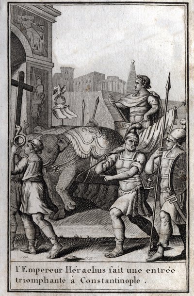 Heraklius I. (Flavius Heraklius, Herakleios (ca. 575-610/641), byzantinischer Kaiser, machte einen triumphalen Einzug in Konstantinopel. Er bestieg einen von vier Elefanten gezogenen Wagen und brachte das Wahre Kreuz (Heiliges Kreuz) mit, das ihm abgenomme von Unknown artist