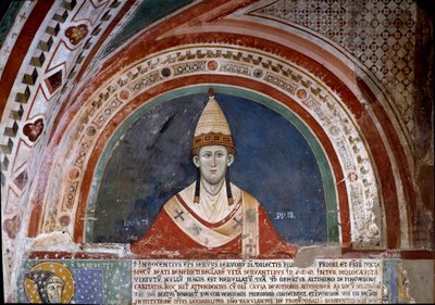 Geschichte von Franz von Assisi: Darstellung von Papst Innozenz III., der die Bulle zeigt, die die Franziskanerregel 1210 bestätigt von Unknown artist