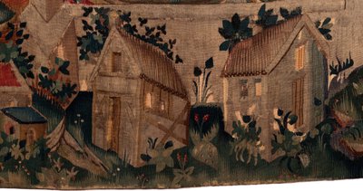 Geschichte von Saint Piat und Saint Eleuthère, Szene 7: Taufe der verbannten Christen. Detail unten. Zwei Häuser. von Unknown artist
