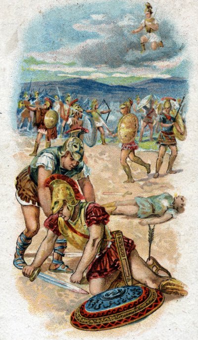 Geschichte des Lebens von Achilles, legendärer Held des Trojanischen Krieges: Tod von Achilles, am Fuß der Mauern von Troja, die Ferse, sein Schwachpunkt, durchbohrt von einem Pfeil, der von Paris abgeschossen wurde. Chromolithographie von 1890 von Unknown artist