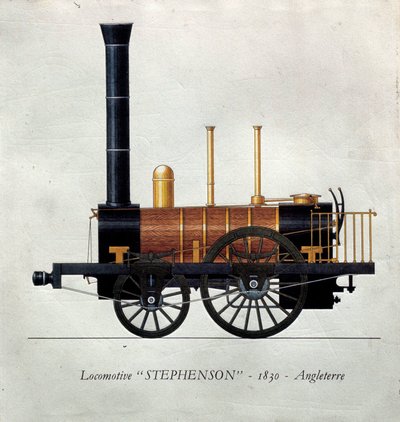 Geschichte des Transports: Darstellung einer Lokomotive „Stephenson“ von Unknown artist