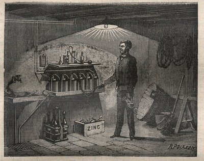Heim-Elektrizität: Installation der von Radiguet erfundenen Batterie in einem Keller - Gravur in „La Science francaise“ von Unknown artist
