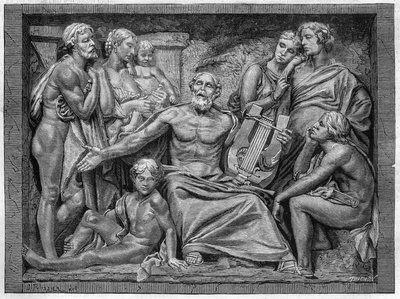 Homer singt mit seiner Lyra in einer Stadt in Ionien. Gravur nach dem Flachrelief von Herrn Hugues, großer Skulpturpreis des Schulwettbewerbs 1875. von Unknown artist