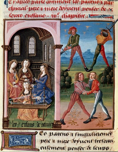 Wie Eltern über ihre Kinder denken sollten; die Kinder von Octavian lernen Ritterlichkeit und Wollarbeit. Miniatur aus „Das Buch der guten Sitten“ von Jacques Legrand von Unknown artist