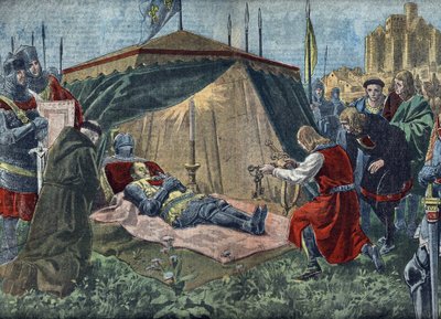 Hundertjähriger Krieg: „Der Tod von Bernard du Guesclin (1320-1380) vor Chateauneuf de Randon am 13.07.1380“ - Tod von Duguesclin (während der Belagerung von Chateauneuf-de-Randon am 13. Juli 1380) - Illustration aus „Le pelerin“ 7. August 1921 Private von Unknown Artist