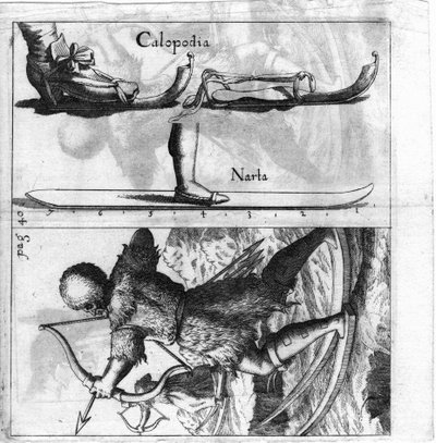 Illustrierte Tafel, die einen alten Skityp darstellt. Gravur aus dem späten 17. Jahrhundert. von Unknown artist