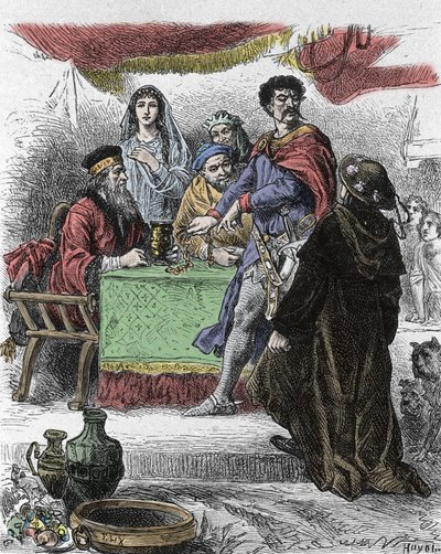 Illustration für „Ivanhoe“ von Walter Scott (1771-1832), schottischer Schriftsteller: Ivanhoe wird vom sächsischen Ritter Brian de Bois Guilbert herausgefordert. von Unknown artist