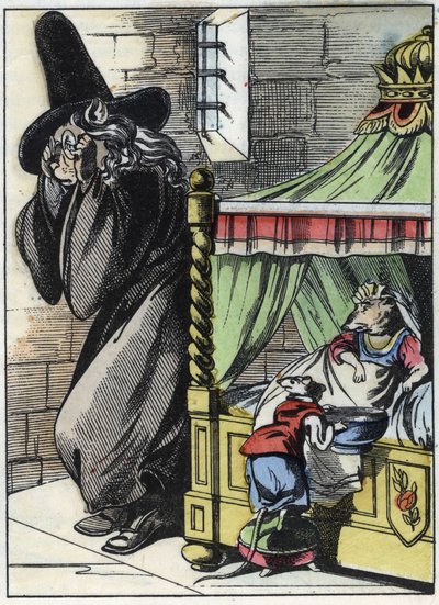 Illustration des Märchens „Der schreckliche Raminagrobis und die Mäuse“. Charakterzeichnungen von Jean de La Fontaine. In „Märchen aus dem Heim für die Kleinen“. Anonyme Gravur des 19. Jahrhunderts von Unknown artist