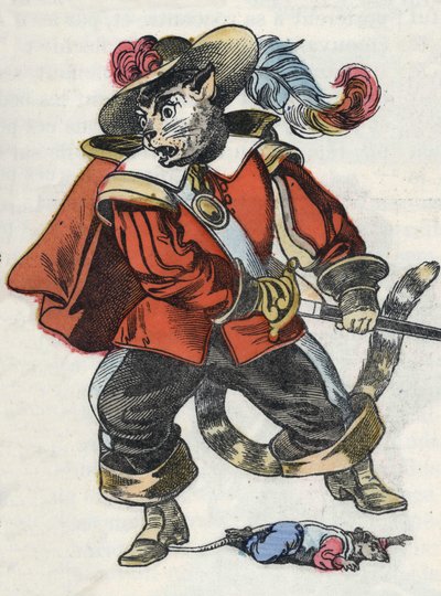 Illustration des Märchens „Der schreckliche Raminagrobis und die Mäuse“ nach einer Fabel von Jean de La Fontaine. In „Märchen aus dem Heim für die Kleinen“. Anonyme Gravur aus dem 19. Jahrhundert von Unknown artist