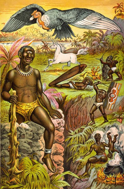 Illustration mit imaginären Monstern aus Afrika mit dem Titel „Afrikanische Aberglauben illustriert“ (Zyklop, Einhorn...), um 1889 von Unknown artist