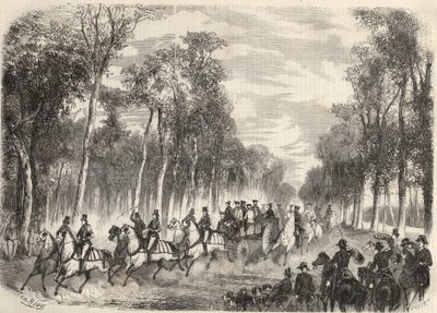 Kaiserliche Jagd in Compiègne in Anwesenheit von Napoleon III (1808-1873) und Kaiserin Eugénie (1826-1920). Gravur in „Le Monde illustrious“ von 1857. Privatsammlung. von Unknown artist
