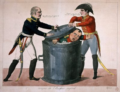 Kaiserliche Erstickung: Napoleon I. in einer Mülltonne eingesperrt, n.d. Anfang 19. Jahrhundert von Unknown artist